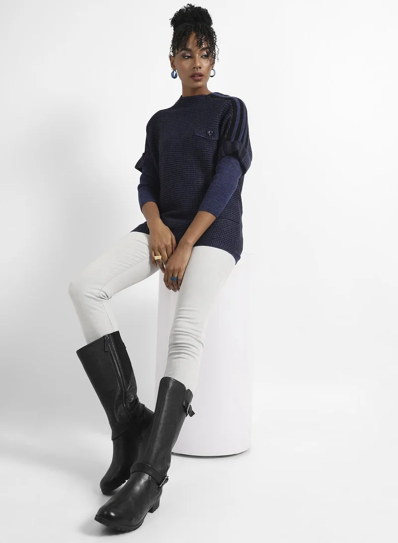 Pinacolada  Women's Navy Blue Micro Checkered Sweater With Striped Sleeve for Women | Best Price UAE