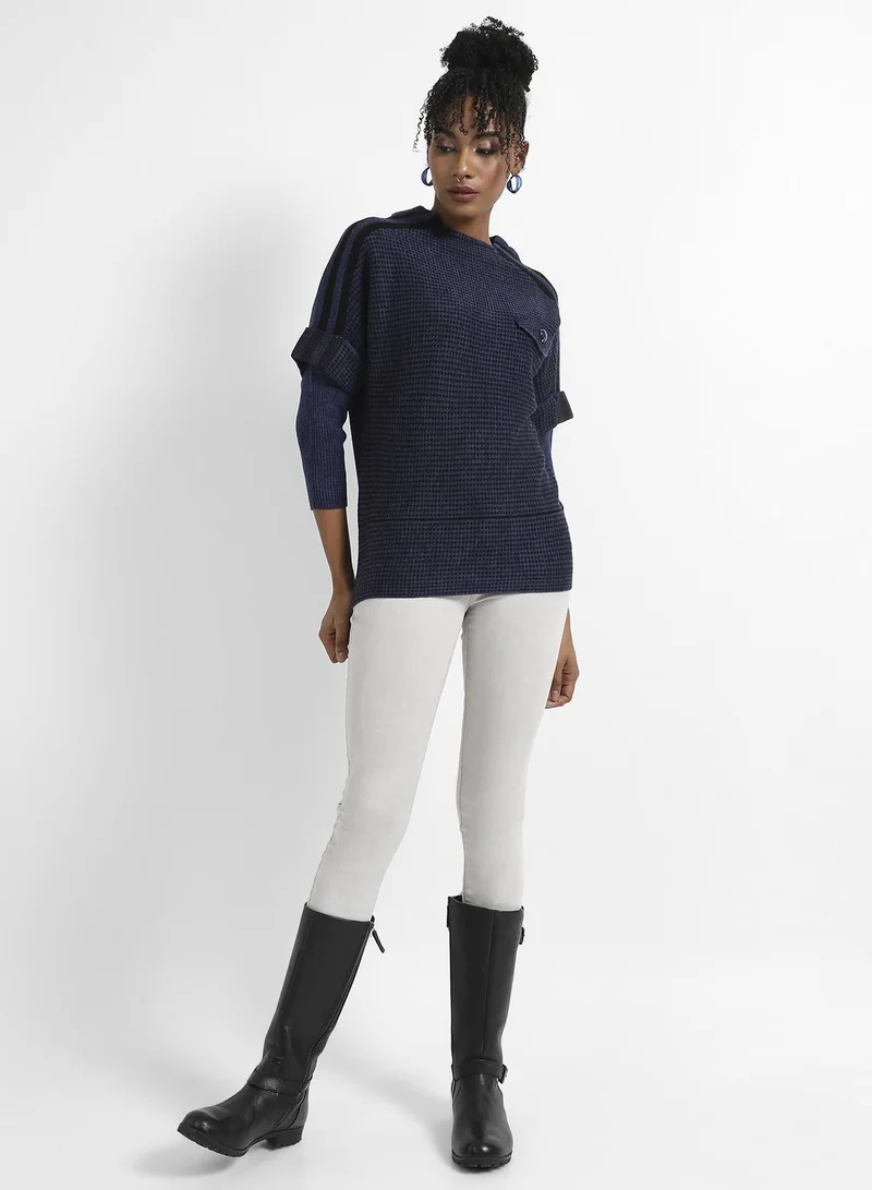 Pinacolada  Women's Navy Blue Micro Checkered Sweater With Striped Sleeve for Women | Best Price UAE