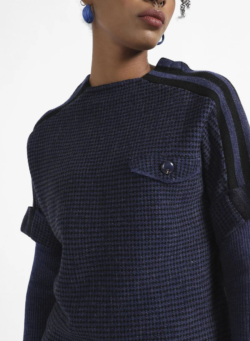 Pinacolada  Women's Navy Blue Micro Checkered Sweater With Striped Sleeve for Women | Best Price UAE