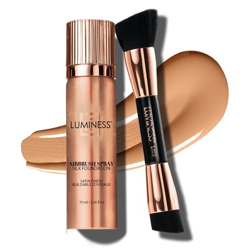 LUMINESS LUMINESS Silk Airbrush Spray Foundation  Buffing Brush Kit  Full Coverage Foundation  DualSided Buffing Brush  Buildable Coverage AntiAging Formula Hydrates  Moisturizes Shade  Light Warm 