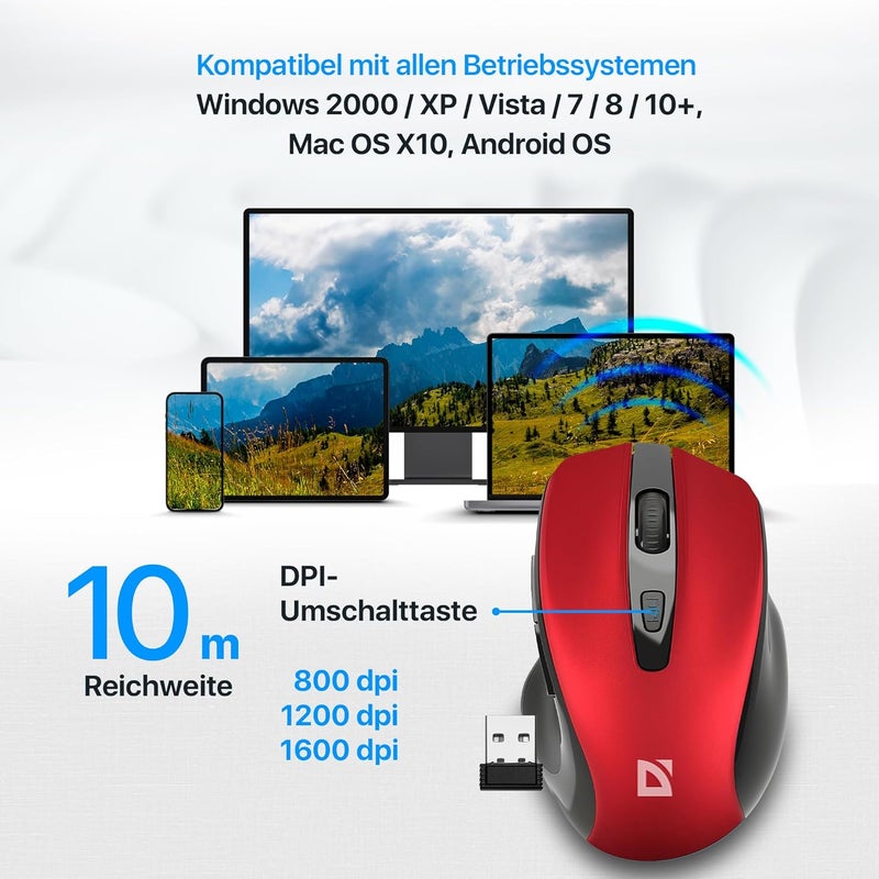 Defender Prime MB-053 Wireless Optical Mouse, Ergonomic Silent Click Office Mouse with PixArt Sensor & 6 Buttons (Red) - Image 3
