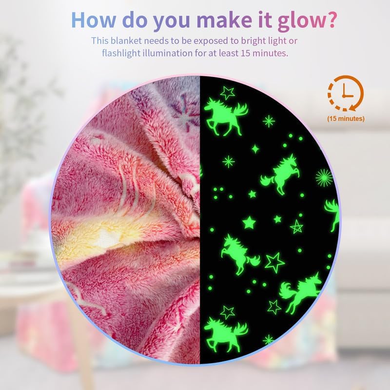 COMFAR Unicorn Glow in The Dark Blankets for Girls Kids Blankets for BabyToddler Unicorns Gifts for Girls Age 112 Soft Fleece Blanket 40x 50 - Image 3