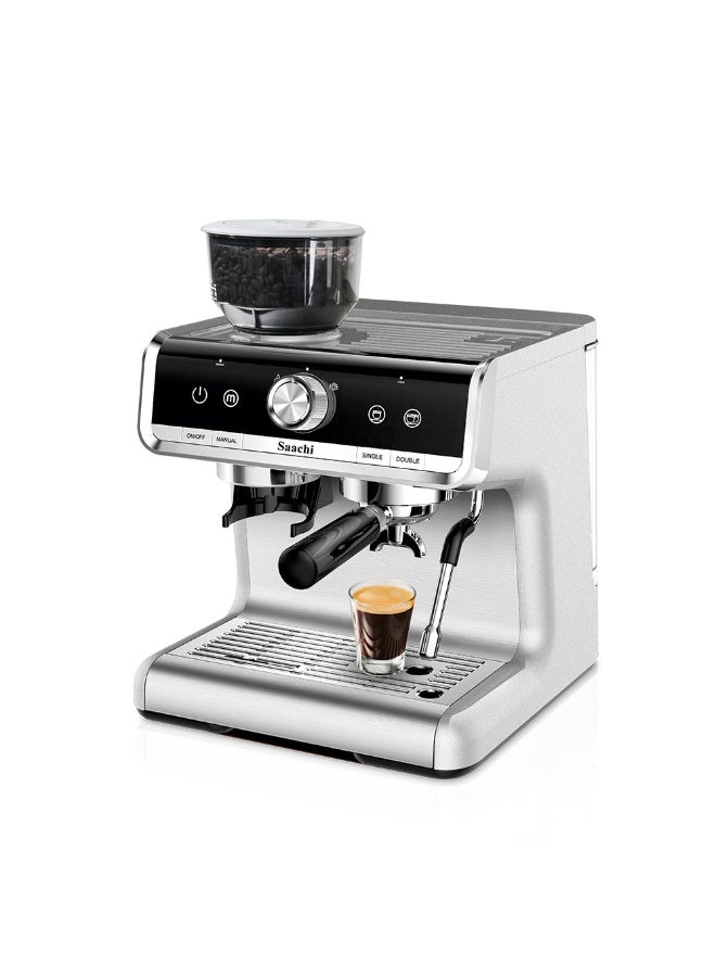 Saachi 15-Bar Coffee Maker with Grinder NL-COF-7063G-ST, Espresso, Latte, Cappuccino, 2.8L Water Tank, Adjustable Grinder, PID Temp Control 2.8 L 1550 W NL-COF-7063G-ST Silver - Image 1