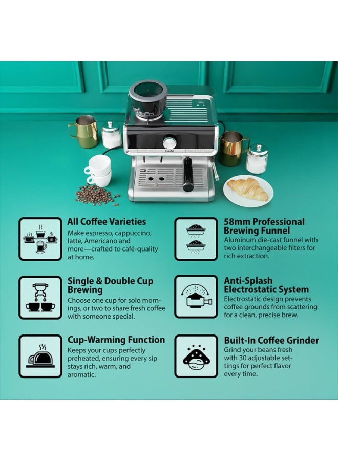 Saachi 15-Bar Coffee Maker with Grinder NL-COF-7063G-ST, Espresso, Latte, Cappuccino, 2.8L Water Tank, Adjustable Grinder, PID Temp Control 2.8 L 1550 W NL-COF-7063G-ST Silver - Image 3