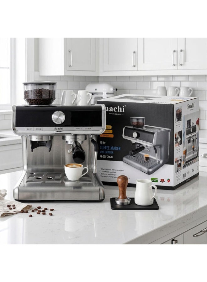 Saachi 15-Bar Coffee Maker with Grinder NL-COF-7063G-ST, Espresso, Latte, Cappuccino, 2.8L Water Tank, Adjustable Grinder, PID Temp Control 2.8 L 1550 W NL-COF-7063G-ST Silver - Image 2