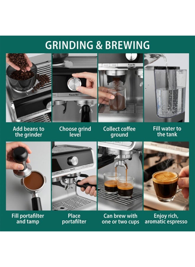 Saachi 15-Bar Coffee Maker with Grinder NL-COF-7063G-ST, Espresso, Latte, Cappuccino, 2.8L Water Tank, Adjustable Grinder, PID Temp Control 2.8 L 1550 W NL-COF-7063G-ST Silver - Image 5