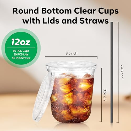 Etersky 50PCS 12 oz Round Bottom Plastic Cups with Lids and Black Straws, Clear To Go Iced Coffee Smoothie Juice Cups, Disposable Cold Drink Bubble Tea Party Cups for Catering, Christmas, Birthdays, Takeout - Image 3