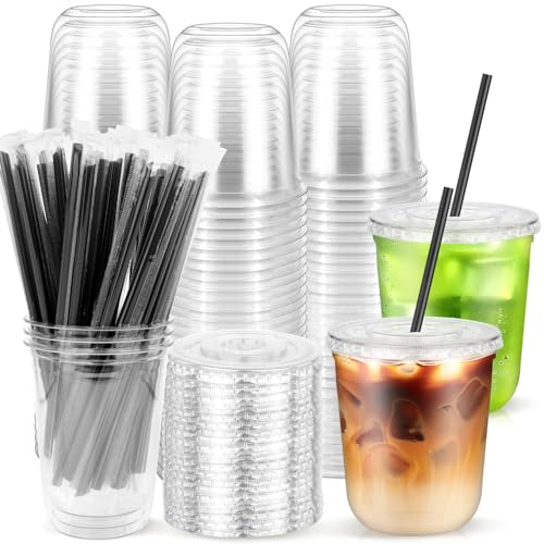 Etersky 50PCS 12 oz Round Bottom Plastic Cups with Lids and Black Straws, Clear To Go Iced Coffee Smoothie Juice Cups, Disposable Cold Drink Bubble Tea Party Cups for Catering, Christmas, Birthdays, Takeout - Image 1
