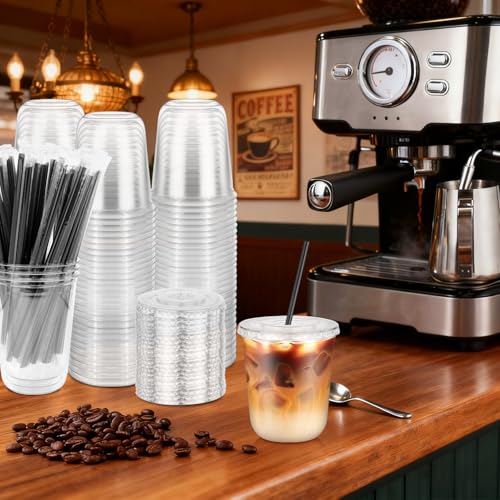 Etersky 50PCS 12 oz Round Bottom Plastic Cups with Lids and Black Straws, Clear To Go Iced Coffee Smoothie Juice Cups, Disposable Cold Drink Bubble Tea Party Cups for Catering, Christmas, Birthdays, Takeout - Image 2