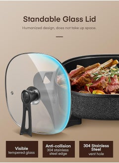 Generic Electric Skillet, 12 Inch Deep Non Stick Electric Frying Pan with Standable Glass Lid, 3 Marked Heating Levels, Heat Resistant Handles and Non-stick Coating Easy to Clean, 1360W, Black  - Image 5