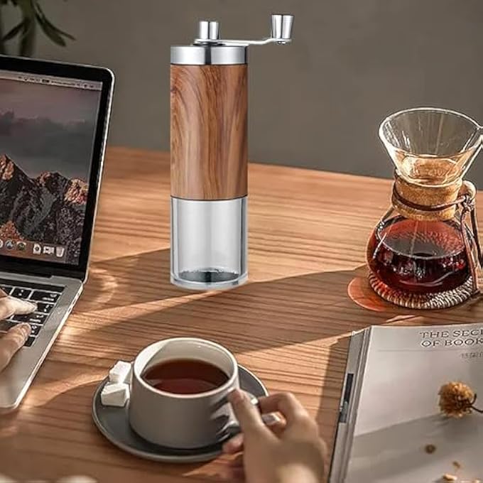 HYRAINBOW Manual Coffee Grinder Coffee Bean Grinder With Adjustable Settings Stainless Steel Hand Coffee Mill Coffee Grinder Manual For Camping Home And Office Metallic Wood - Image 4