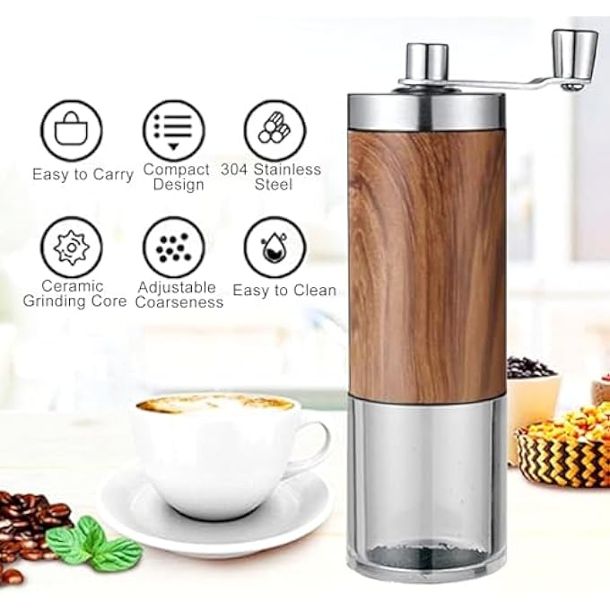 HYRAINBOW Manual Coffee Grinder Coffee Bean Grinder With Adjustable Settings Stainless Steel Hand Coffee Mill Coffee Grinder Manual For Camping Home And Office Metallic Wood - Image 2