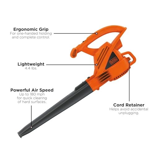 BLACK+DECKER Electric Leaf Blower, Handheld Blowers for Lawn Care, Lightweight, 180 MPH 180 CFM, 7-Amp, Corded (LB700) - Image 3