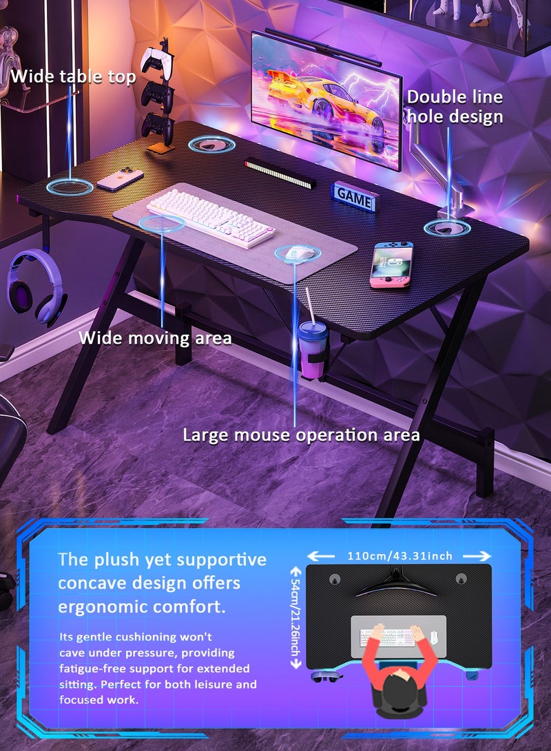 SHEIDLIN طاوله قيمنق 43 بوصة مع حامل سماعات الرأس وحامل أكواب | مكتب كمبيوتر مريح للاعبين والطلاب | تجميع سهل بدون أدوات | محطة عمل حديثة باللون الأسود (110 × 54 × 74 سم) - Image 3