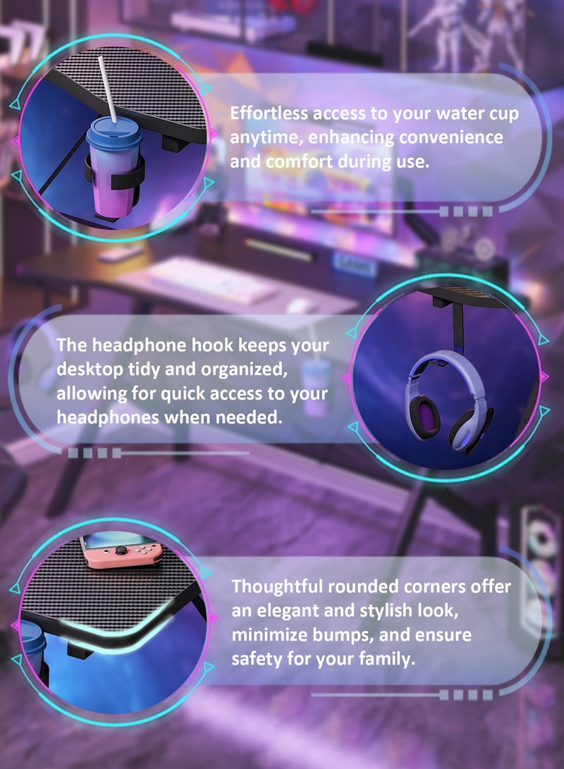 SHEIDLIN طاوله قيمنق 43 بوصة مع حامل سماعات الرأس وحامل أكواب | مكتب كمبيوتر مريح للاعبين والطلاب | تجميع سهل بدون أدوات | محطة عمل حديثة باللون الأسود (110 × 54 × 74 سم) - Image 5