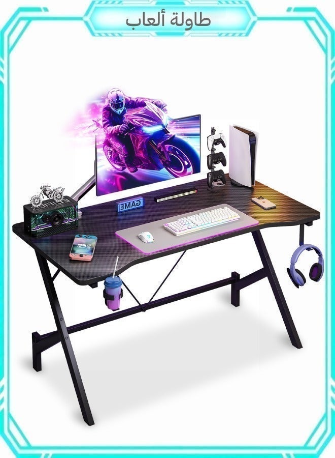 SHEIDLIN Ergonomic Gaming Desk, Carbon Fiber Surface Gaming Table with Headphone Hanger & Cup Holder, Black PC Desk for Gaming & Home Office - Image 1