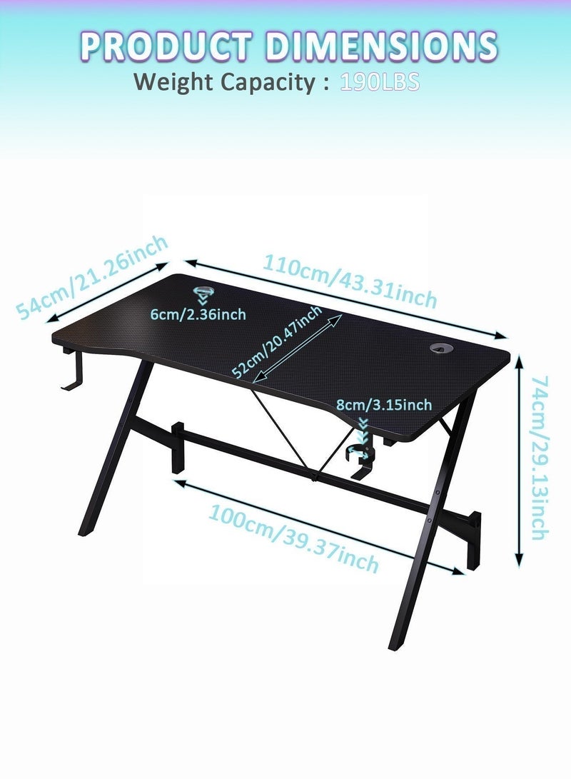 SHEIDLIN Ergonomic Gaming Desk, Carbon Fiber Surface Gaming Table with Headphone Hanger & Cup Holder, Black PC Desk for Gaming & Home Office - Image 3
