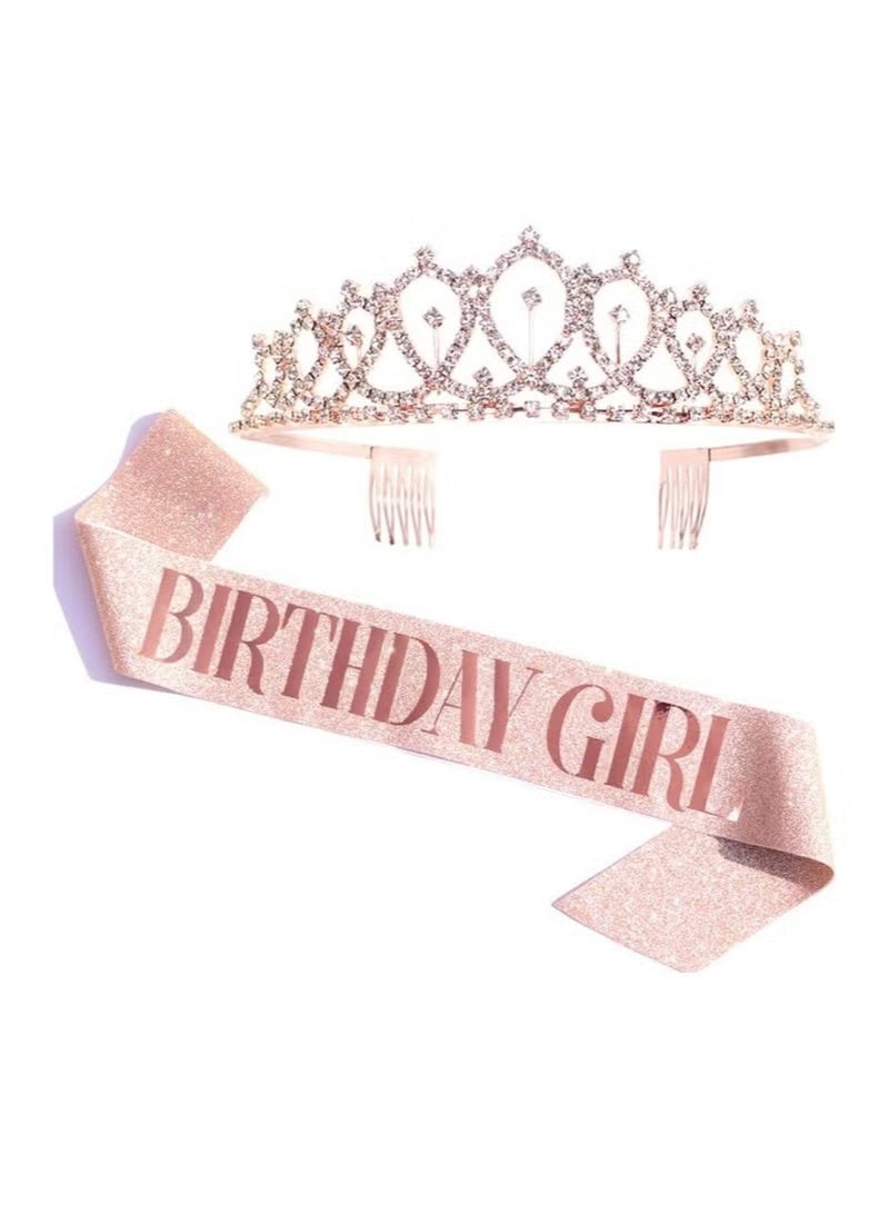 Pink Birthday Girl Sash and Rhinestone Tiara Kit Birthday Gifts Diamond Glitter Birthday Party Favors - Image 1