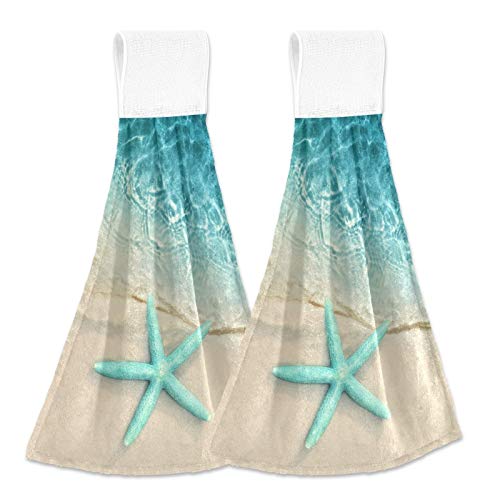 KOCOART KOCOART Ocean Beach Starfish Kitchen Hand Towels Sea Water Hanging Tie Towel Dishcloths with Loop 2PCS Soft Super Absorbent Fingertip Towel for Bathroom Laundry Room 12x17 in