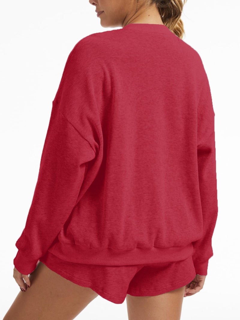 AnotherChill Women's Oversized Waffle Knit Lounge Set Long Sleeve Sweatshirt and High Waisted Shorts 2 Piece Casual Outfit (Burgundy, Large) - Image 3
