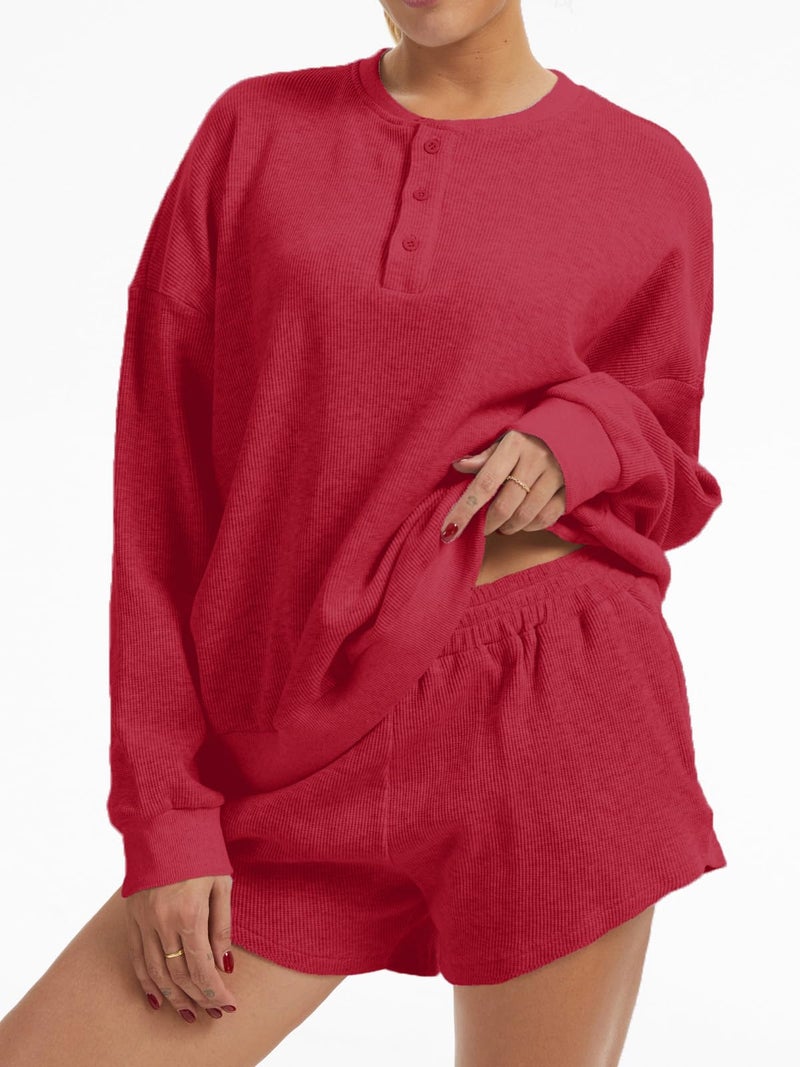 AnotherChill Women's Oversized Waffle Knit Lounge Set Long Sleeve Sweatshirt and High Waisted Shorts 2 Piece Casual Outfit (Burgundy, Large) - Image 2