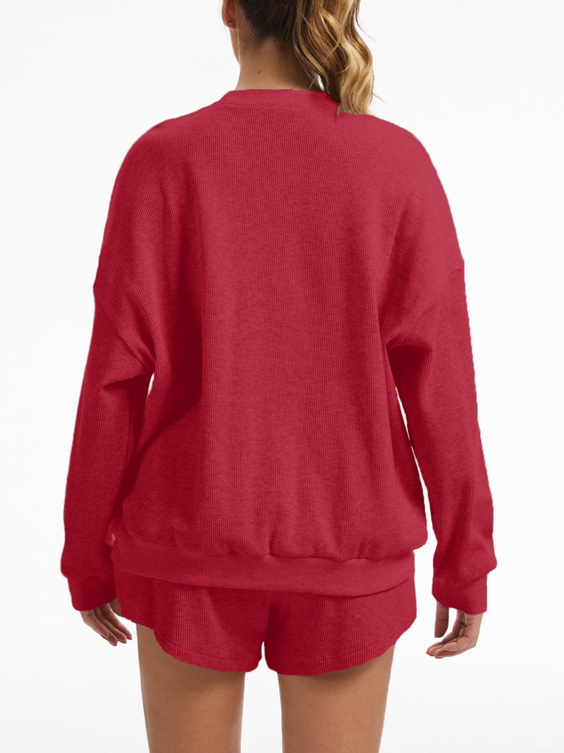 AnotherChill Women's Oversized Waffle Knit Lounge Set Long Sleeve Sweatshirt and High Waisted Shorts 2 Piece Casual Outfit (Burgundy, Large) - Image 4