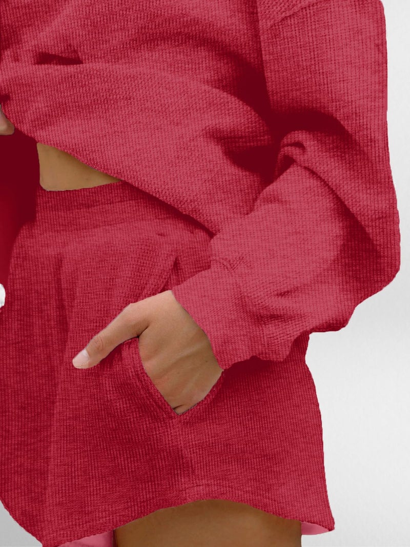 AnotherChill Women's Oversized Waffle Knit Lounge Set Long Sleeve Sweatshirt and High Waisted Shorts 2 Piece Casual Outfit (Burgundy, Large) - Image 5