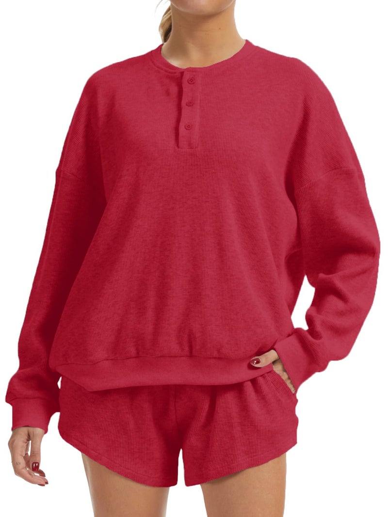 AnotherChill Women's Oversized Waffle Knit Lounge Set Long Sleeve Sweatshirt and High Waisted Shorts 2 Piece Casual Outfit (Burgundy, Large) - Image 1