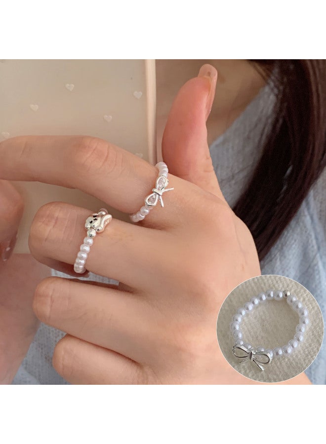 Geometric Beaded Rings For Women, Stackable, Sweet And Cool Style, S925 Silver-plated Imitation Pearl Rings, Elegant Index Finger Fashion