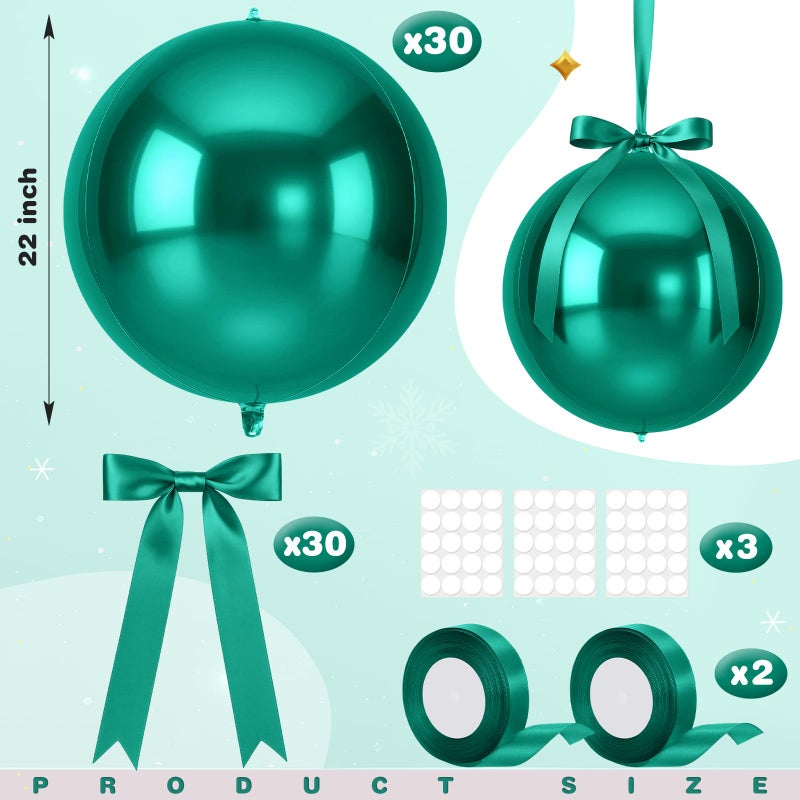 Jenaai 30 Set Round Foil Balloons Bulk 22 Inch 4d Metallic Giant Balloons Set with Satin Bows Ribbon for Ceiling Holiday Ornaments New Year Birthday Wedding Party Decoration(Green) - Image 2