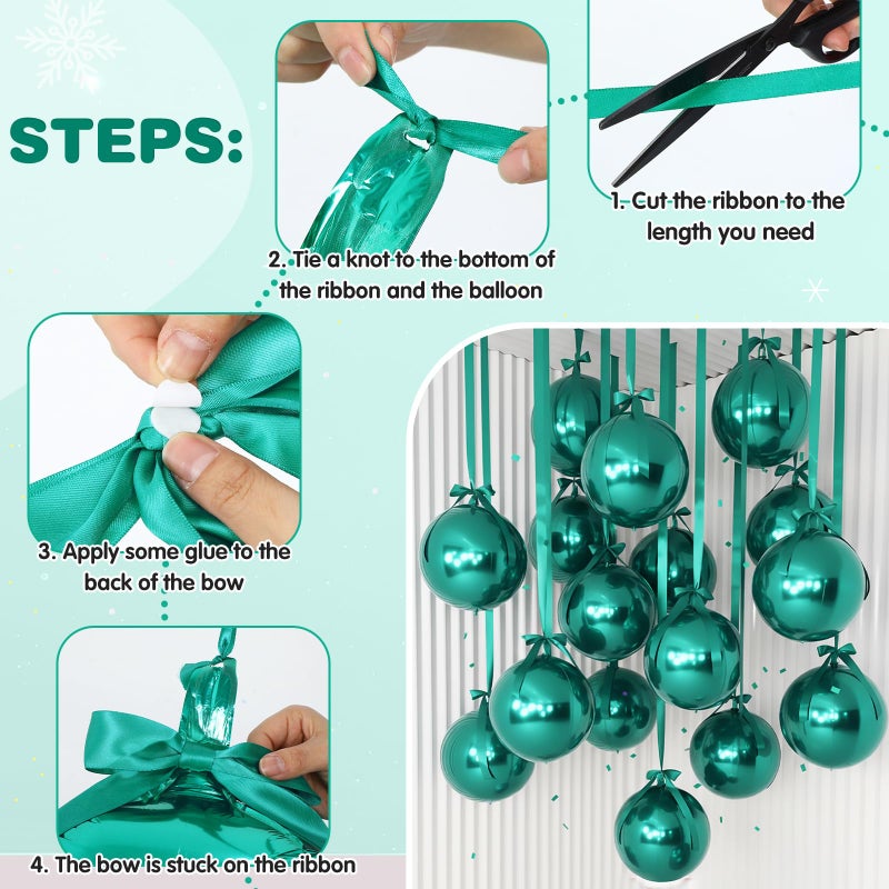 Jenaai 30 Set Round Foil Balloons Bulk 22 Inch 4d Metallic Giant Balloons Set with Satin Bows Ribbon for Ceiling Holiday Ornaments New Year Birthday Wedding Party Decoration(Green) - Image 3