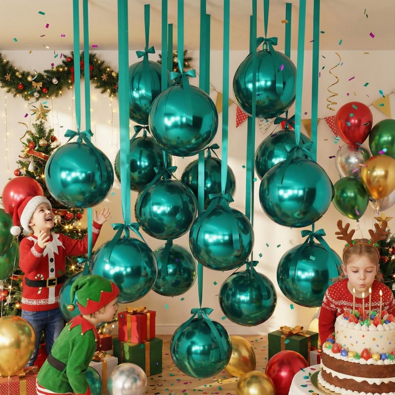 Jenaai 30 Set Round Foil Balloons Bulk 22 Inch 4d Metallic Giant Balloons Set with Satin Bows Ribbon for Ceiling Holiday Ornaments New Year Birthday Wedding Party Decoration(Green) - Image 5