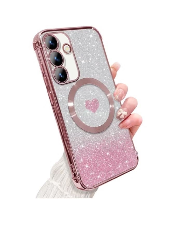 for Samsung Galaxy S24 Case Glitter, Clear Magnetic Phone Cases with Camera Lens Protector [Compatible with MagSafe] Bling Sparkle Plating Soft TPU Slim ShockProof Protective Cover - Image 1