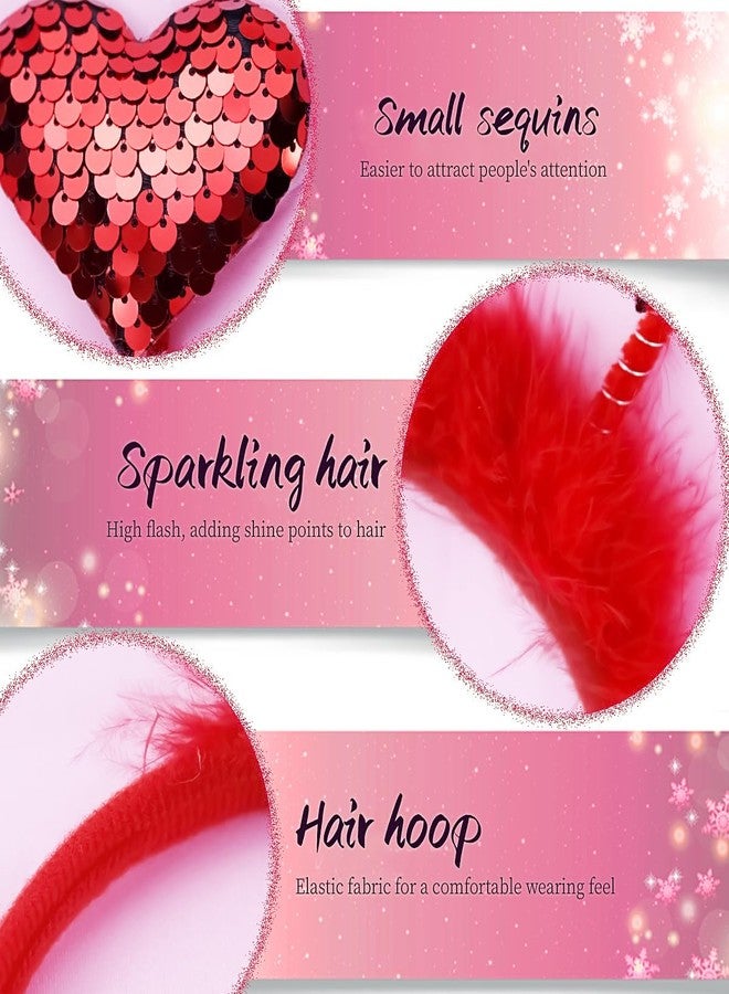 MANGOIT Valentine Double Heart Headband Glitter Head Boppers Headbands Sequin Love Hair Band Red Fax Fur Hair Hoop Sparkle Heart Hair Accessories for Girls Women Valentine's Day Wedding Party Gift - Image 3