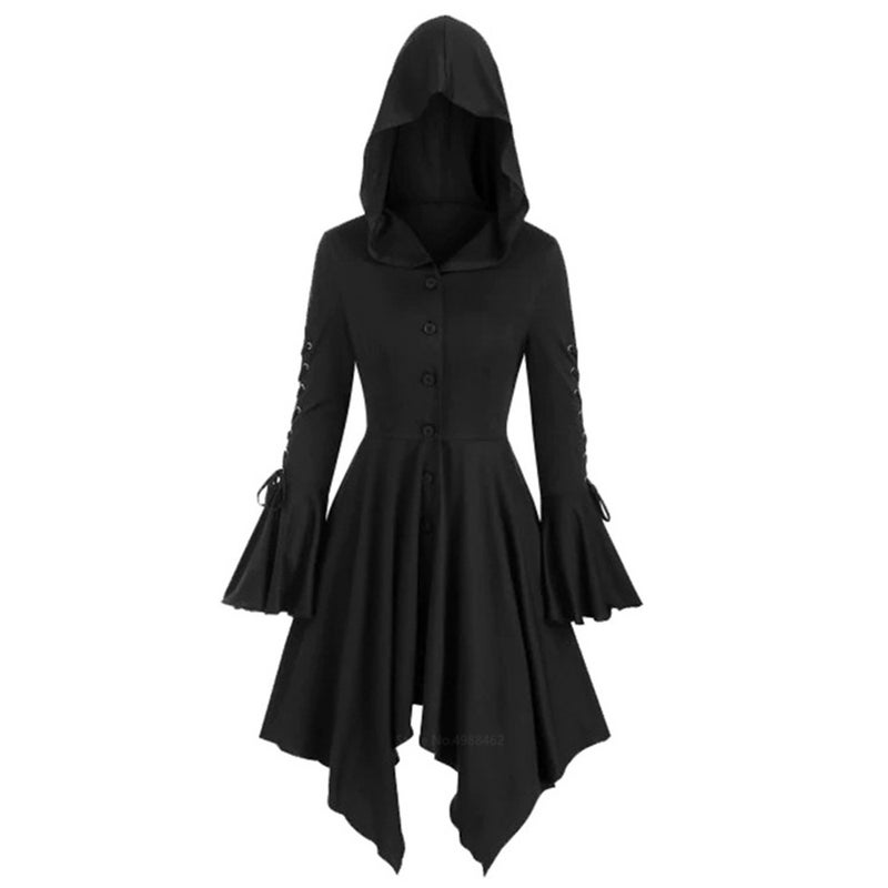 2022 Gothic Hooded Cape Coat with Asymmetric Hem and Lotus Sleeves Black Black - Image 1