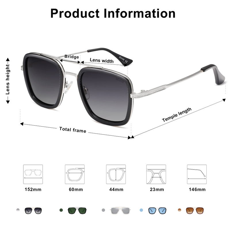 SOJOS Retro Square Polarized Sunglasses for Men Women Goggle Classic Alloy Frame HERO SJ1126 with Silver Frame/Black Rim/Gradient Grey Lens - Image 3