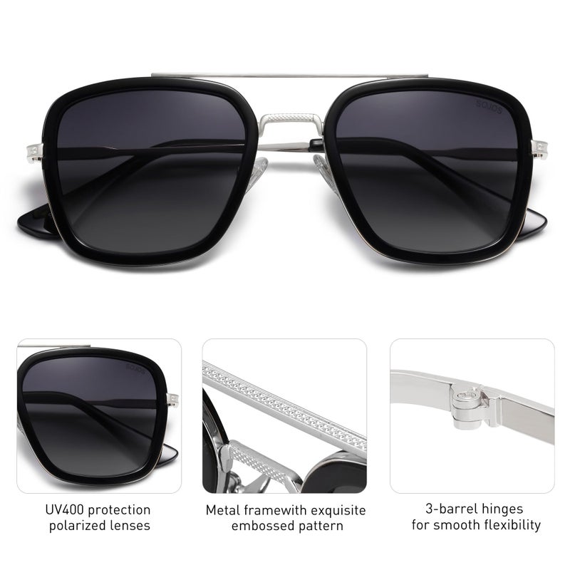 SOJOS Retro Square Polarized Sunglasses for Men Women Goggle Classic Alloy Frame HERO SJ1126 with Silver Frame/Black Rim/Gradient Grey Lens - Image 4
