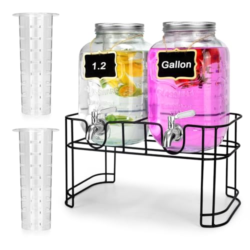 DD&HAPP Glass Drink Dispensers For Parties. 1.2 Gallon Beverage Dispensers With Stand And Stainless Steel Spigot .Lemonade Dispenser With Ice Cylinder.Mason Jars,Laundry Detergent Dispenser. - Image 1
