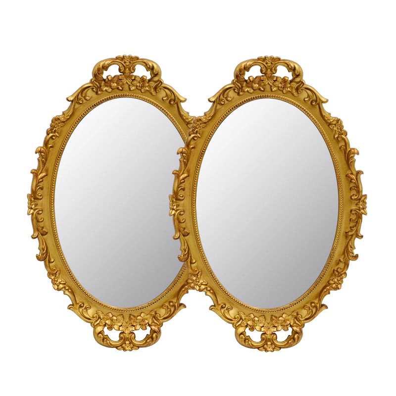 2 Pack  Vintage Decorative Gold Framed Mirror Wall Hanging Mirrors  Tabletop Tray for Bedroom Living Room Dresser Decor Oval 96 W x 143 L GOLD2PACK