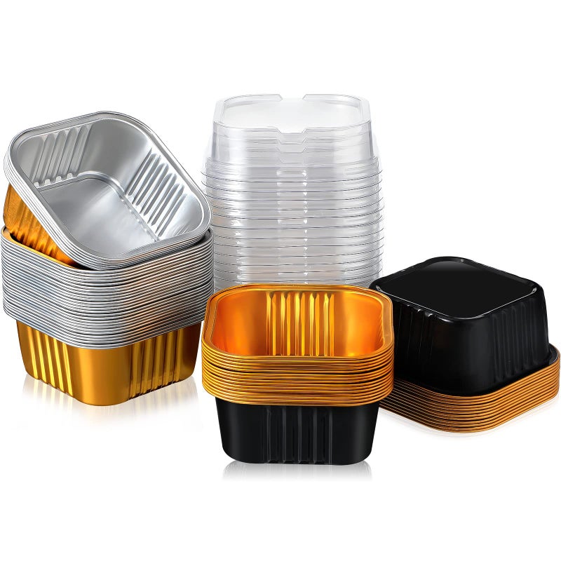 120 Sets Mini Loaf Pans with Lids 150 ml 5 oz Aluminum Foil Baking Pans Disposable Ramekins Square Baking Cups Mini Cake Tins Cupcake Holders with Lid for Muffin Brownie Bread Black Gold Gold