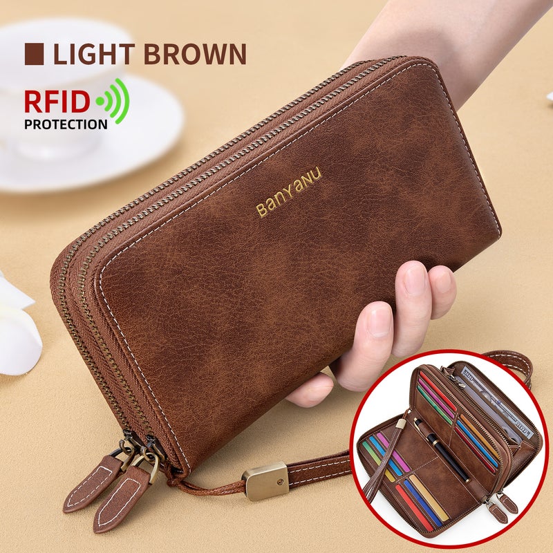 banyanu Women's Long Wallet/Clutch, Large Size, Business Handbag, Phone Card Holder, Double Zipper, Large Capacity, Multiple Card Slots (Light Brown) - Image 1