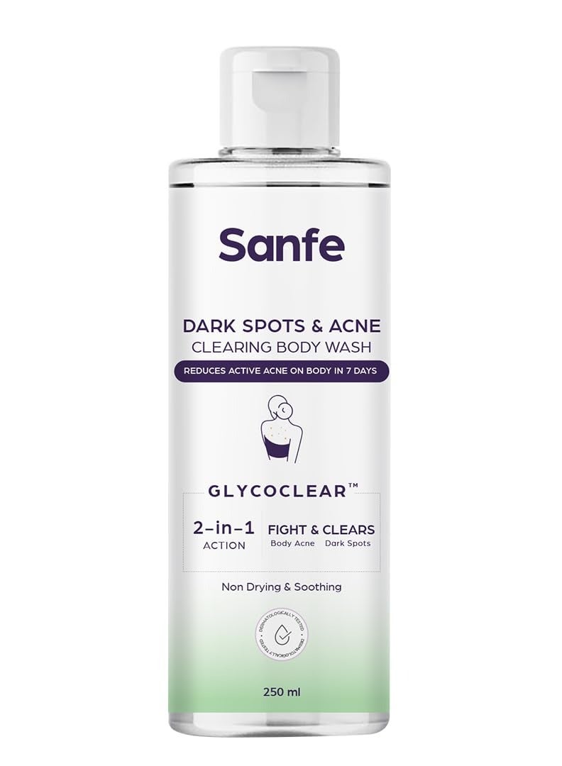 Sanfe Dark Spots Acne Clearing Body Wash Prevents Acne Bumpy Skin Fades Spots Salicylic Glycolic Acid Tea Tree Non Drying 250ml - Image 1
