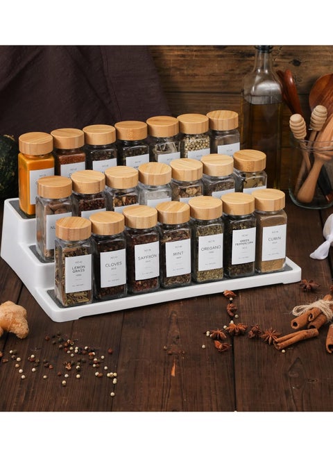 24 Piece Spice Set with Labels by NATANI - 4 oz Glass Jars with Bamboo Lids, Small Rustic Style Collapsible Funnel Spice Storage for Shelf or Cabinet Drawer