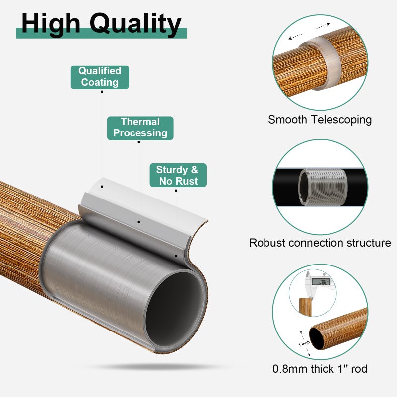 QDWIS Wood Curtain Rods for Windows 66 to 120 Inch, 1'' Adjustable Decorative Drapery Rods with Imitation Wood Grain Leaf Pattern Finials, Boho Heavy Duty Long Window Curtain Rods Set 36''-120'' - Image 5