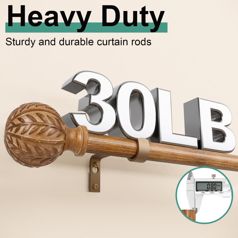 QDWIS Wood Curtain Rods for Windows 66 to 120 Inch, 1'' Adjustable Decorative Drapery Rods with Imitation Wood Grain Leaf Pattern Finials, Boho Heavy Duty Long Window Curtain Rods Set 36''-120'' - Image 4