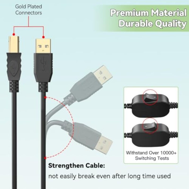 كابل مقسم طابعة USB لأجهزة الكمبيوتر والماسحات الضوئية وأجهزة الفاكس: ذكر B مطلي بالذهب إلى ذكر A مزدوج، أسود، نايلون مضفر متين - Image 3