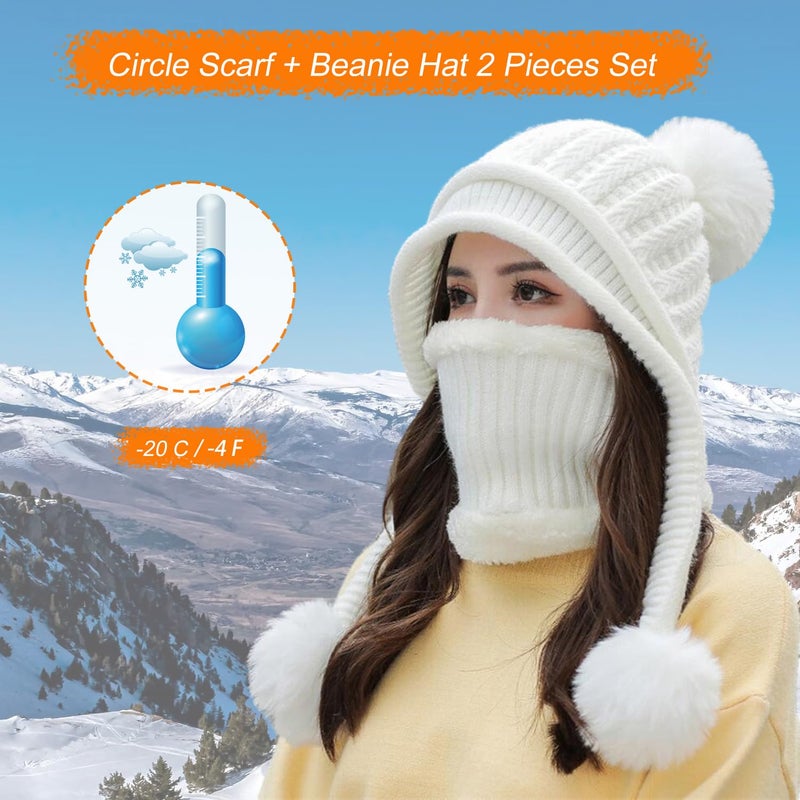HUAMULAN Women Winter Beanie Hat Circle Scarf Set Pompoms Peruvian Ski Snow Ear Flaps Sherpa Slouchy Skull Knit Hats Fleece, Fits Small to Medium Head - Image 5