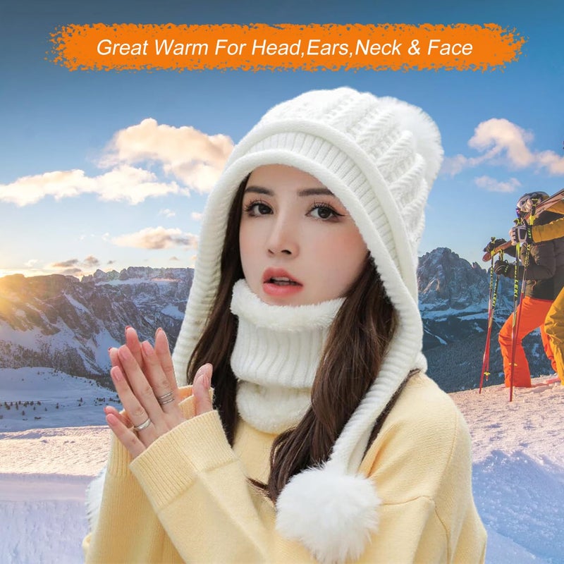 HUAMULAN Women Winter Beanie Hat Circle Scarf Set Pompoms Peruvian Ski Snow Ear Flaps Sherpa Slouchy Skull Knit Hats Fleece, Fits Small to Medium Head - Image 4