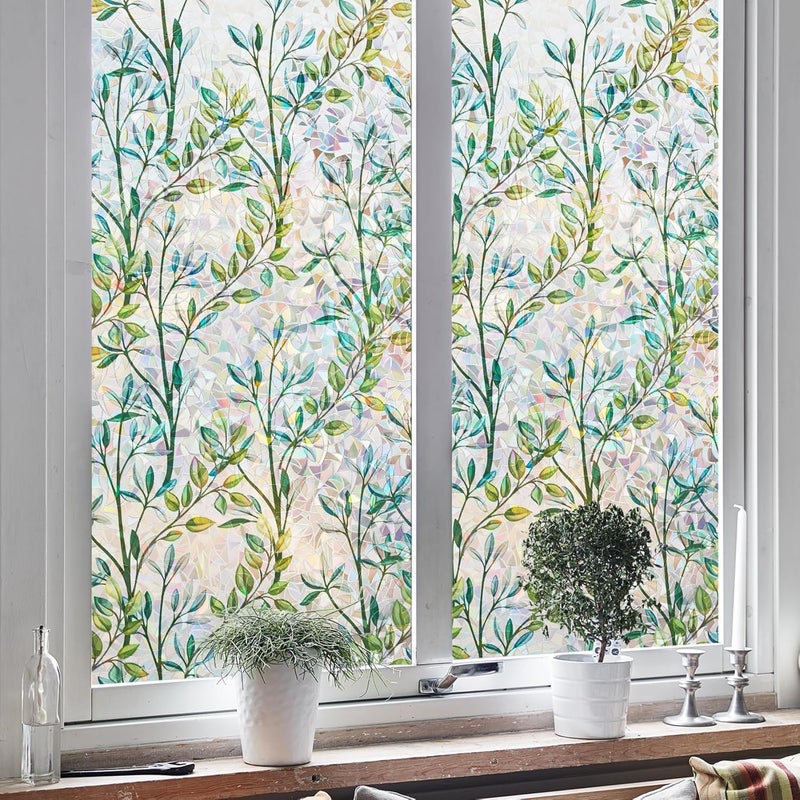 NINETREX Window Privacy Film Stained Glass Window Film 3D Decorative Window Cling,Sun Blocking Static Cling Removable Film for Glass Door,Home Decor Window Cover Non-Adhesive 17.5 x 78.7 inches,Leaf - Image 2