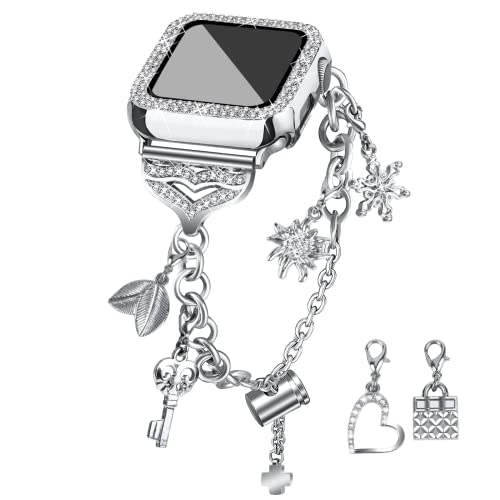 JOYOZY Band Compatible with Apple Watch 38mm 40mm 41mm 42mm 44mm 45mm 46mm, Bling Strap with Glitter Case Built-in Screen Protector, Interchangeable Charms Dressy Bracelet for Women (Silver 40mm) - Image 1